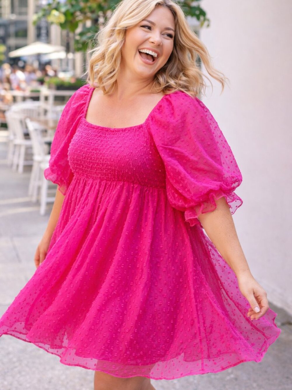 Hot Pink Swiss Dot Smocked Babydoll Dress Puff Sleeve Mini L XL Summer Party